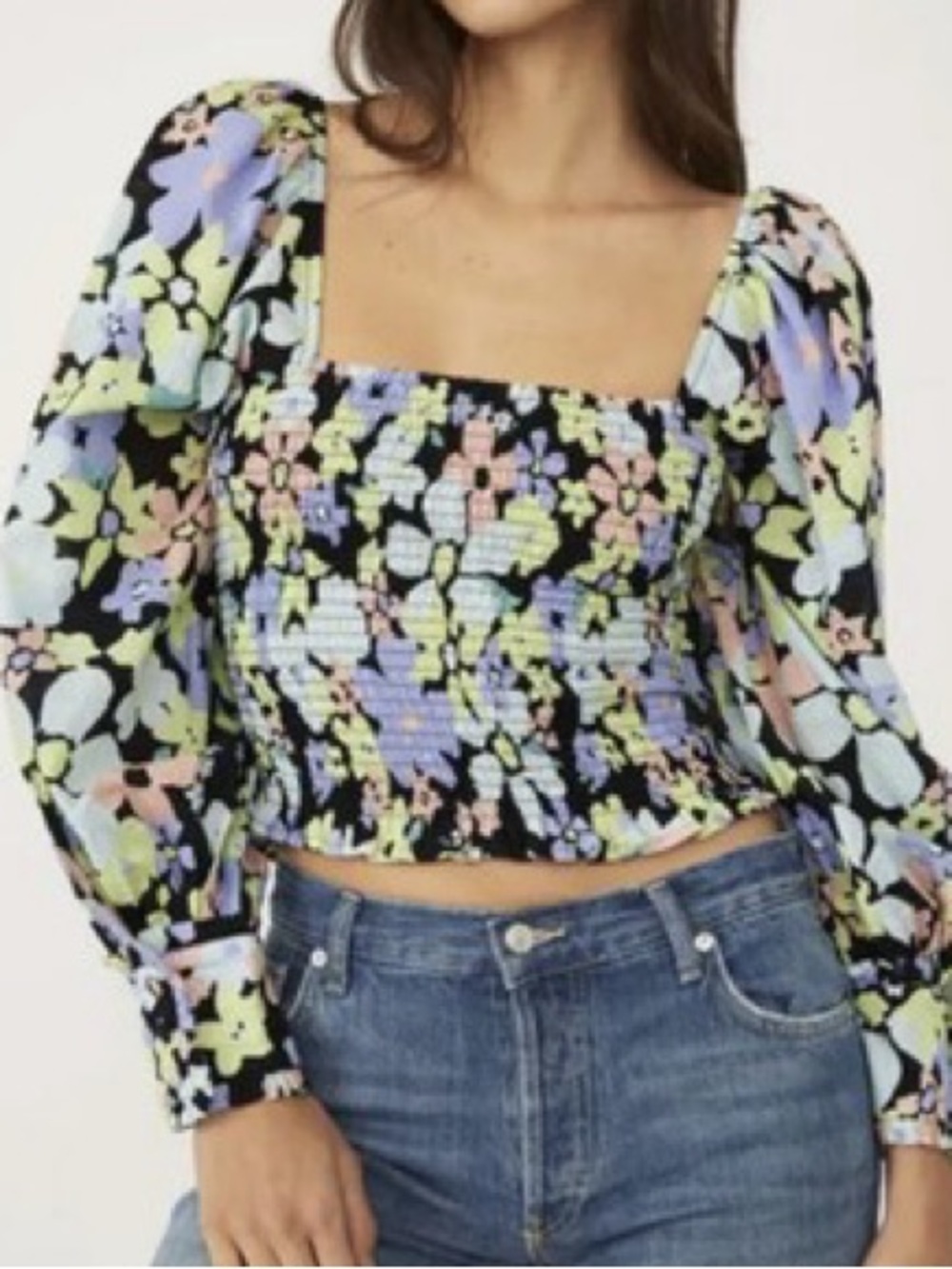 Free People ARIANA SmockBodice PuffSleeve Top Retro XS